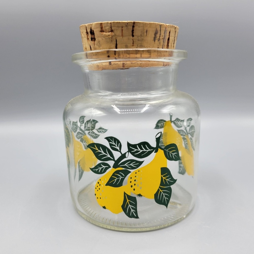 Vintage Keller Charles Glass Jar Cork Top Lemon Fruit Design Farm Kitchen Decor